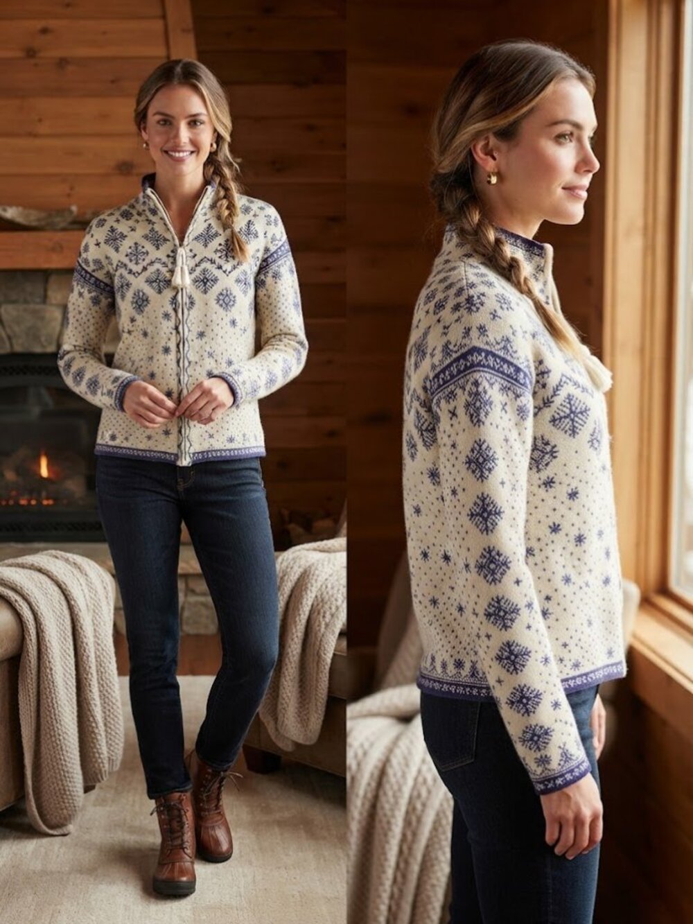 Obermeyer Signature Vintage 100% Wool Snowflakes Blue White Sweater Size Large